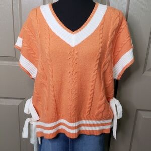 NWT Sewn + Seen USA Women's Orange V-Neck Cable Knit Sweater with White Trim Tie